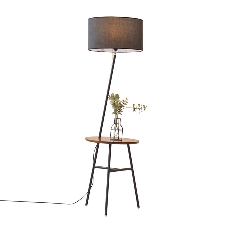 Drum Shaped Fabric Stand Up Lamp Classic 1 Head Living Room Floor Lighting with Tripod Tray Clearhalo 'Floor Lamps' 'Lamps' Lighting' 2064699