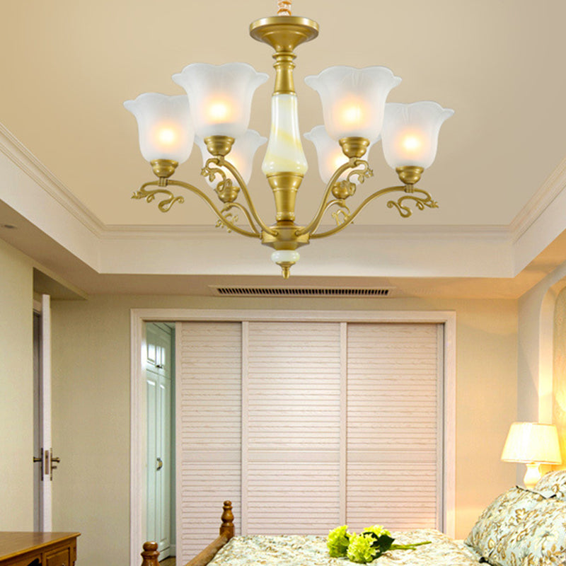 3/6/8 Light Frosted Glass Hanging Chandelier Traditional Brass Scalloped Living Room Pendant Light Fixture Clearhalo 'Ceiling Lights' 'Chandeliers' 'Glass shade' 'Glass' Lighting' 206470