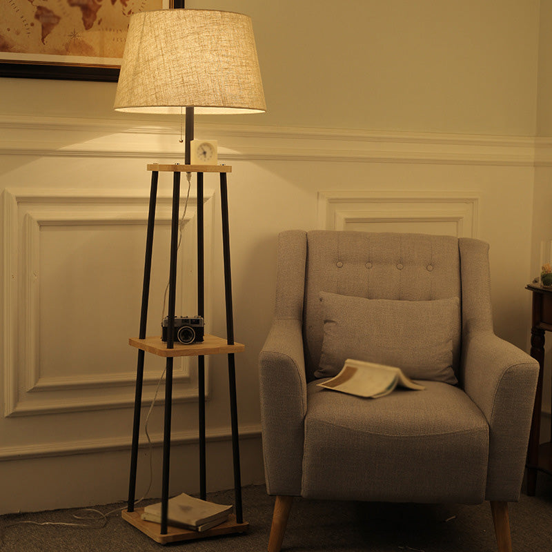 Fabric Tapered Drum Floor Lamp Traditional Single Living Room Standing Light with 3-Layer Shelf in Black Clearhalo 'Floor Lamps' 'Lamps' Lighting' 2064709