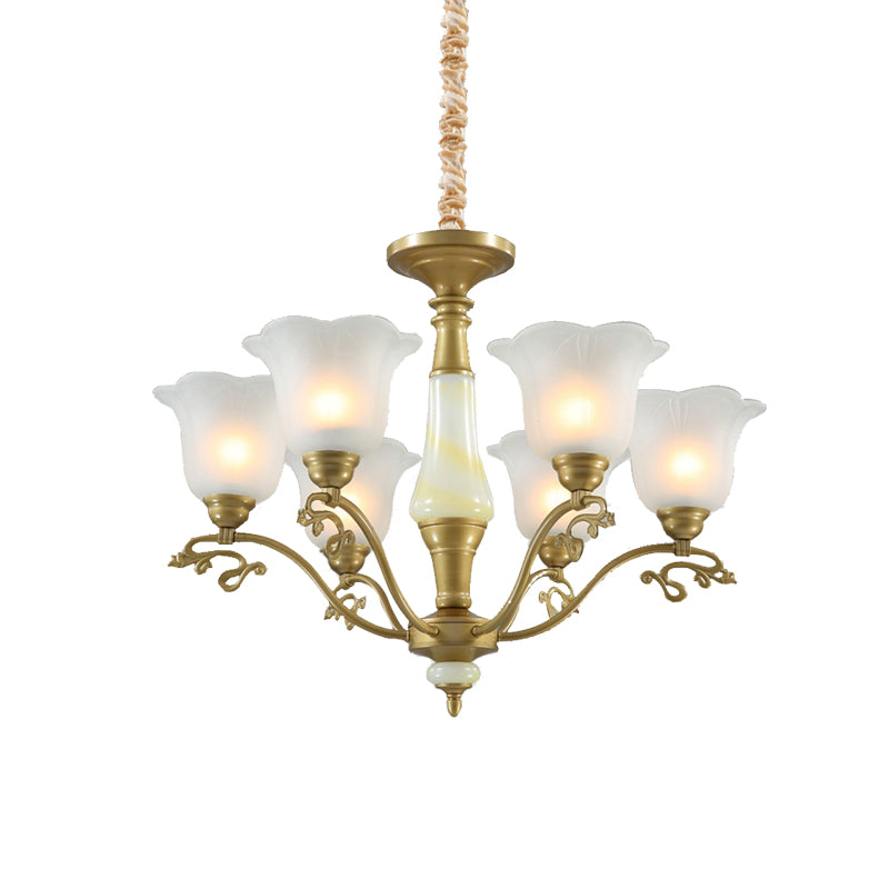 3/6/8 Light Frosted Glass Hanging Chandelier Traditional Brass Scalloped Living Room Pendant Light Fixture Clearhalo 'Ceiling Lights' 'Chandeliers' 'Glass shade' 'Glass' Lighting' 206471