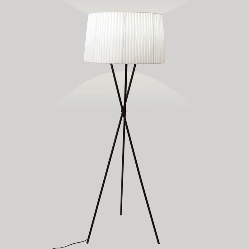 Traditional Pleated Drum Shade Floor Light Single-Bulb Fabric Standing Lamp with Metallic Tripod White Clearhalo 'Floor Lamps' 'Lamps' Lighting' 2064716