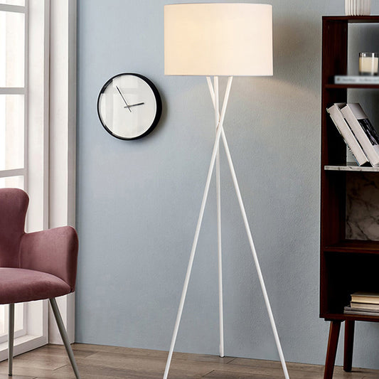 1-Light Standing Light Vintage Tripod Metal Floor Lamp with Drum Fabric Shade for Living Room White Clearhalo 'Floor Lamps' 'Lamps' Lighting' 2064726