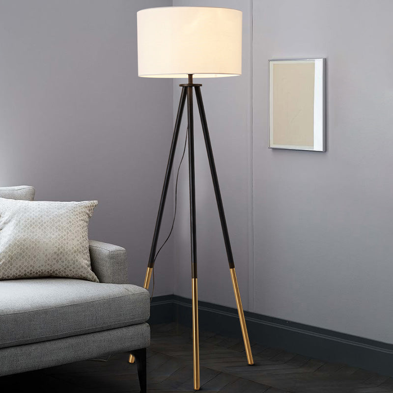Metal Tripod Shaped Floor Light Simplicity 1-Bulb Living Room Standing Lamp with Drum Fabric Shade White Clearhalo 'Floor Lamps' 'Lamps' Lighting' 2064734