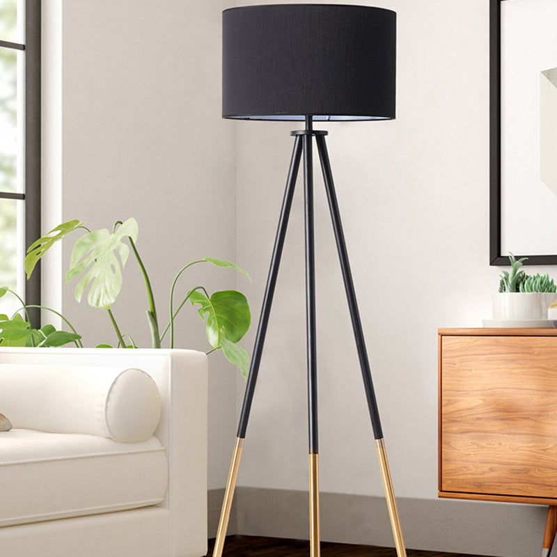 Metal Tripod Shaped Floor Light Simplicity 1-Bulb Living Room Standing Lamp with Drum Fabric Shade Clearhalo 'Floor Lamps' 'Lamps' Lighting' 2064737