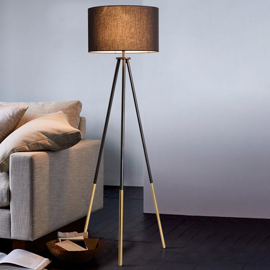 Metal Tripod Shaped Floor Light Simplicity 1-Bulb Living Room Standing Lamp with Drum Fabric Shade Clearhalo 'Floor Lamps' 'Lamps' Lighting' 2064738