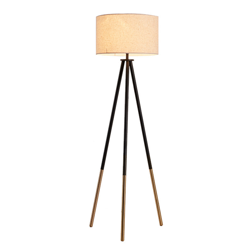 Metal Tripod Shaped Floor Light Simplicity 1-Bulb Living Room Standing Lamp with Drum Fabric Shade Flaxen Clearhalo 'Floor Lamps' 'Lamps' Lighting' 2064740