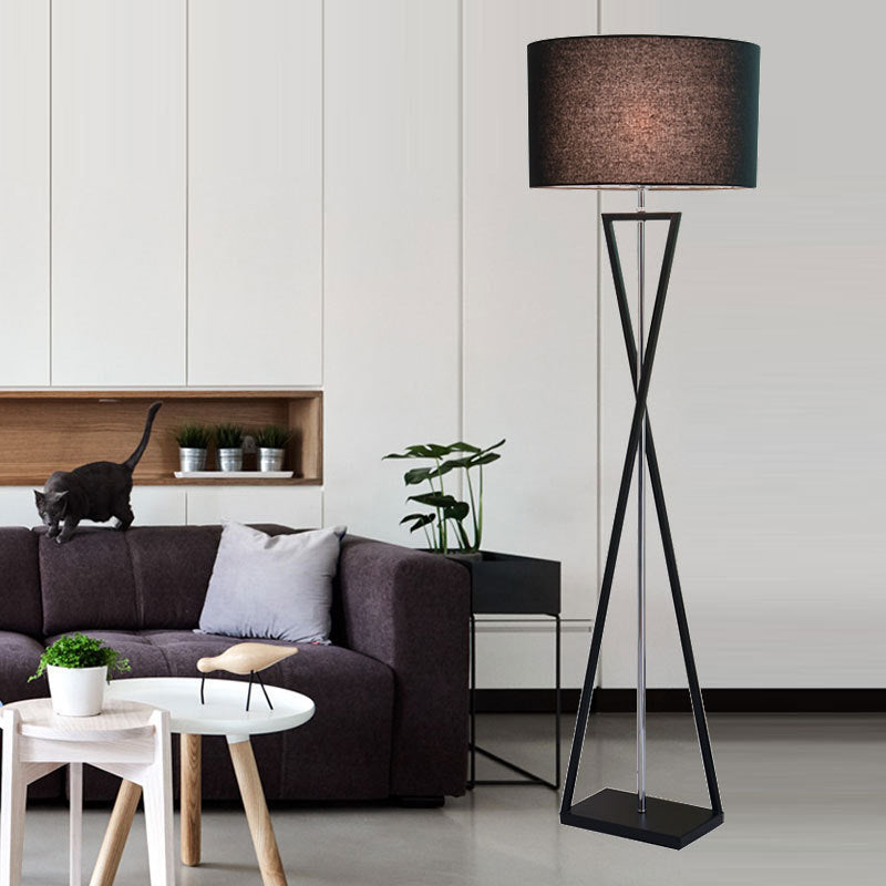 Simplicity Drum Shaped Floor Lighting Fabric Single Living Room Standing Floor Lamp with Hourglass Shaped Base Black Clearhalo 'Floor Lamps' 'Lamps' Lighting' 2064745