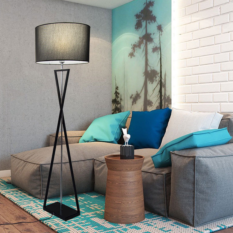 Simplicity Drum Shaped Floor Lighting Fabric Single Living Room Standing Floor Lamp with Hourglass Shaped Base Clearhalo 'Floor Lamps' 'Lamps' Lighting' 2064747