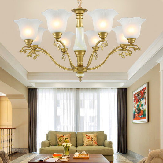 3/6/8 Light Frosted Glass Hanging Chandelier Traditional Brass Scalloped Living Room Pendant Light Fixture Clearhalo 'Ceiling Lights' 'Chandeliers' 'Glass shade' 'Glass' Lighting' 206474