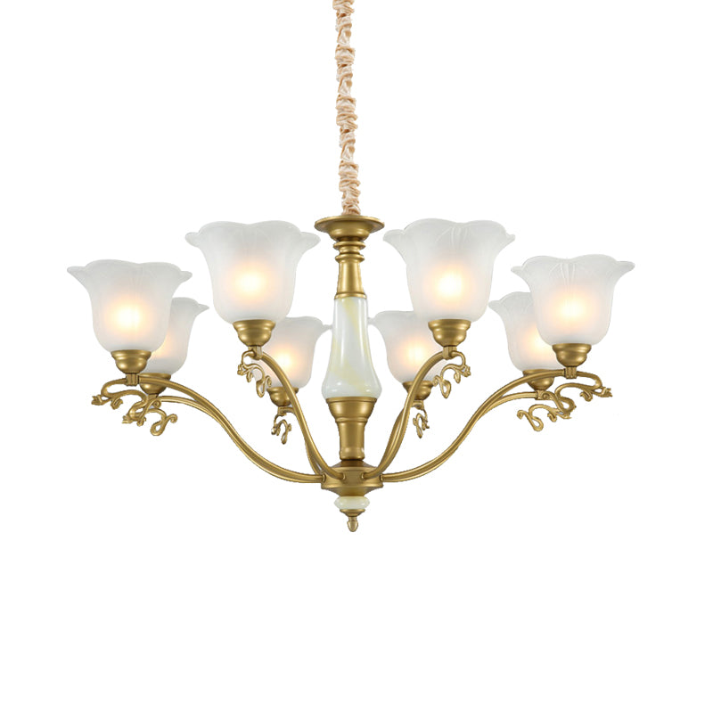 3/6/8 Light Frosted Glass Hanging Chandelier Traditional Brass Scalloped Living Room Pendant Light Fixture Clearhalo 'Ceiling Lights' 'Chandeliers' 'Glass shade' 'Glass' Lighting' 206475