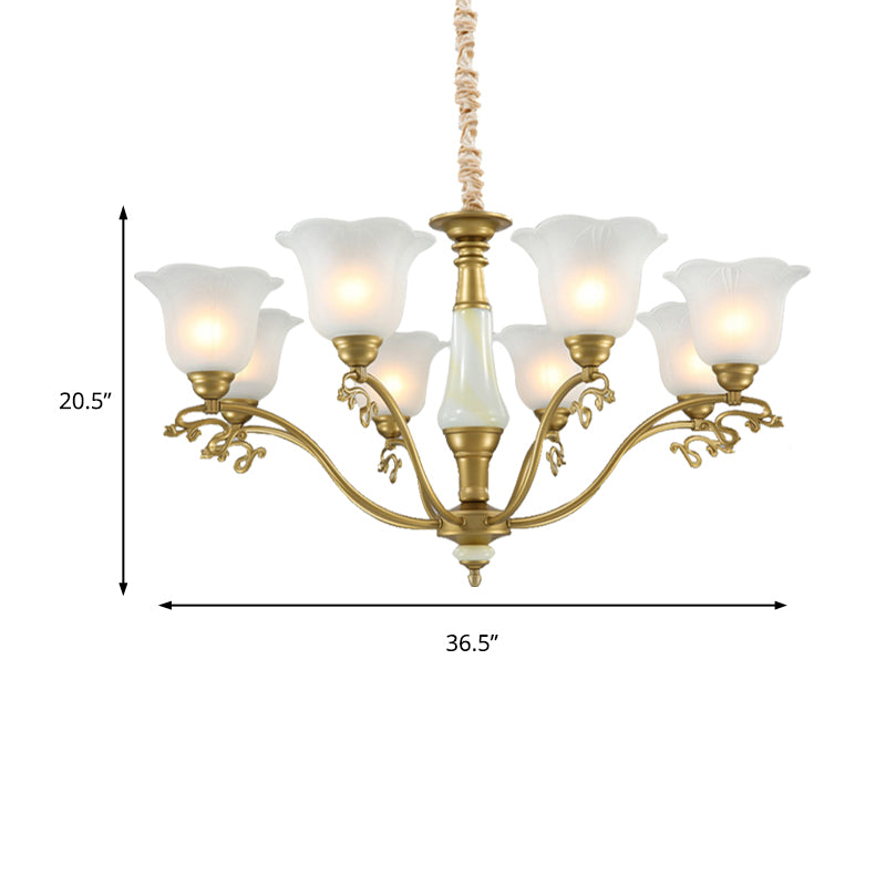 3/6/8 Light Frosted Glass Hanging Chandelier Traditional Brass Scalloped Living Room Pendant Light Fixture Clearhalo 'Ceiling Lights' 'Chandeliers' 'Glass shade' 'Glass' Lighting' 206476