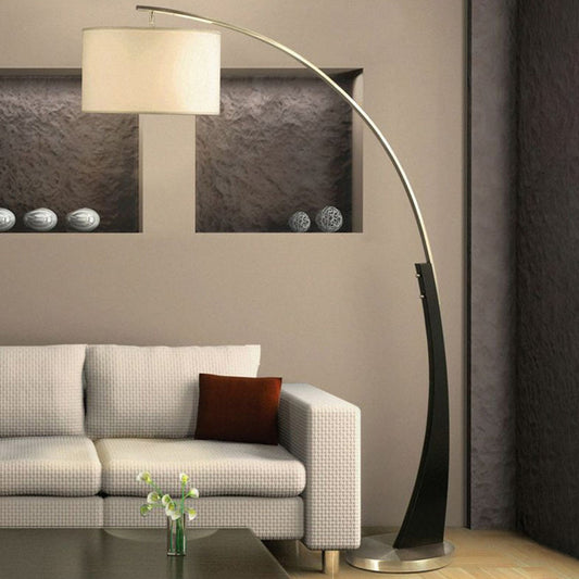 Classic Arched Fishing Rod Stand Up Lamp 1-Light Metal Floor Light with Drum Fabric Shade in Black Clearhalo 'Floor Lamps' 'Lamps' Lighting' 2064762