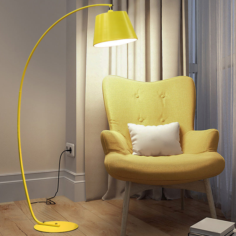 1 Head Floor Lamp Traditional Empire Shade Fabric Standing Light with Arc Arm for Living Room Yellow Clearhalo 'Floor Lamps' 'Lamps' Lighting' 2064772