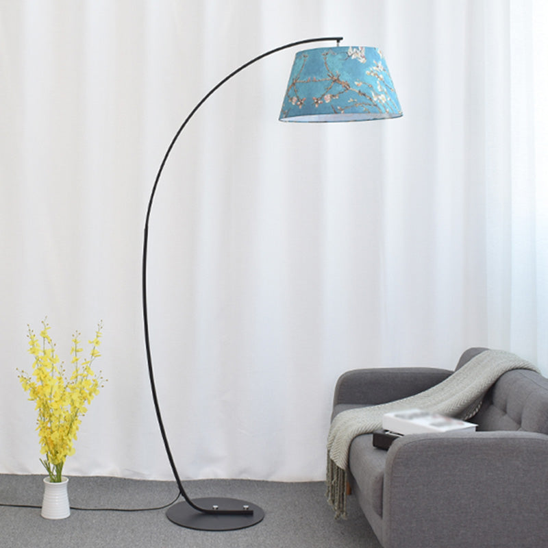 Tapered Drum Shaped Fabric Standing Light Vintage Single Living Room Arched Floor Lamp Blue Clearhalo 'Floor Lamps' 'Lamps' Lighting' 2064787