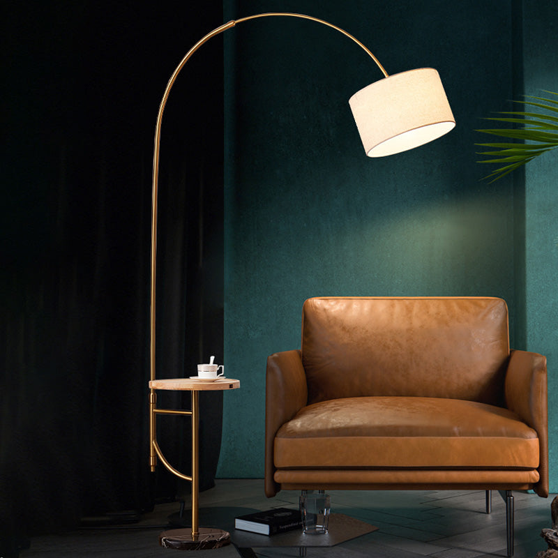 Metallic Arched Floor Lighting Minimalism 1 Head Living Room Standing Floor Lamp with Drum Fabric Shade in Gold Clearhalo 'Floor Lamps' 'Lamps' Lighting' 2064790