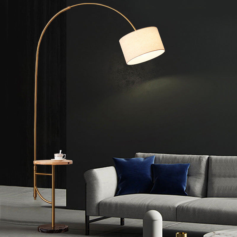 Metallic Arched Floor Lighting Minimalism 1 Head Living Room Standing Floor Lamp with Drum Fabric Shade in Gold Clearhalo 'Floor Lamps' 'Lamps' Lighting' 2064791