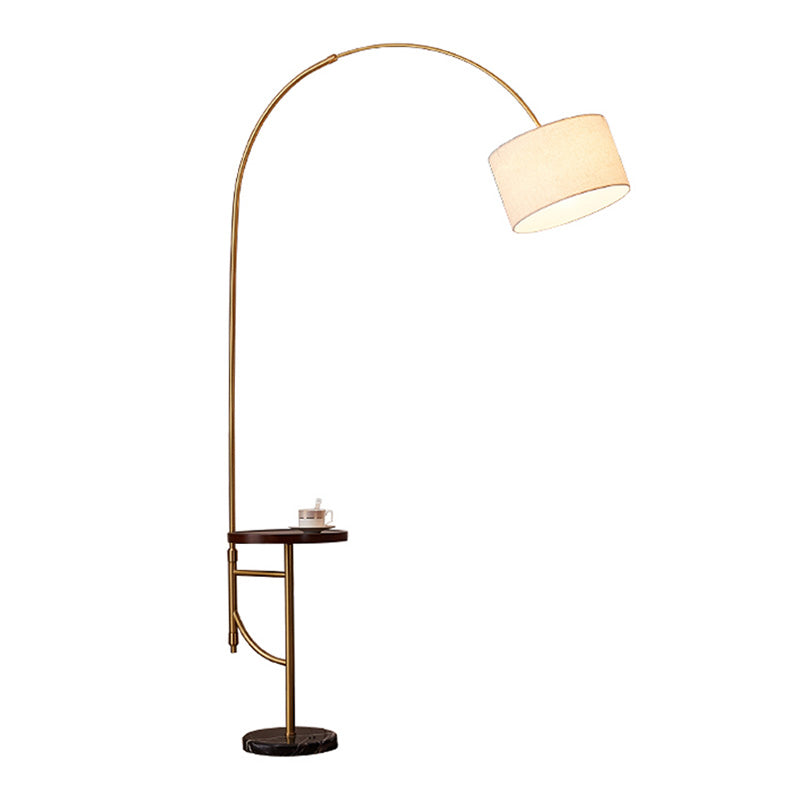 Metallic Arched Floor Lighting Minimalism 1 Head Living Room Standing Floor Lamp with Drum Fabric Shade in Gold Clearhalo 'Floor Lamps' 'Lamps' Lighting' 2064793