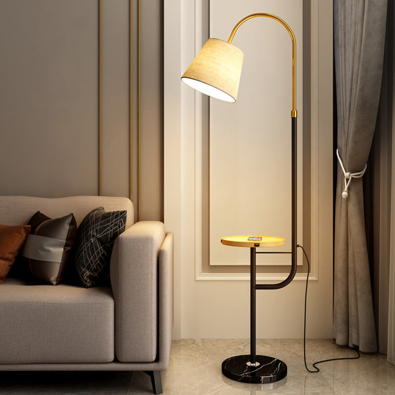 Gold-Black Cone Shaped Arched Floor Light Simplicity Fabric 1 Bulb Living Room Standing Lamp with Tray Clearhalo 'Floor Lamps' 'Lamps' Lighting' 2064799
