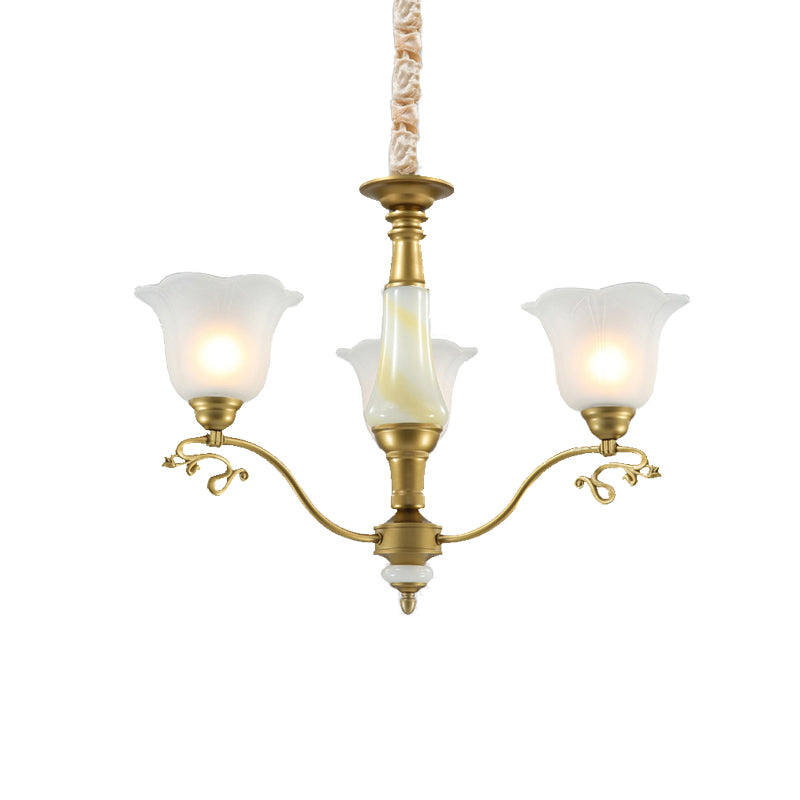 3/6/8 Light Frosted Glass Hanging Chandelier Traditional Brass Scalloped Living Room Pendant Light Fixture Clearhalo 'Ceiling Lights' 'Chandeliers' 'Glass shade' 'Glass' Lighting' 206480
