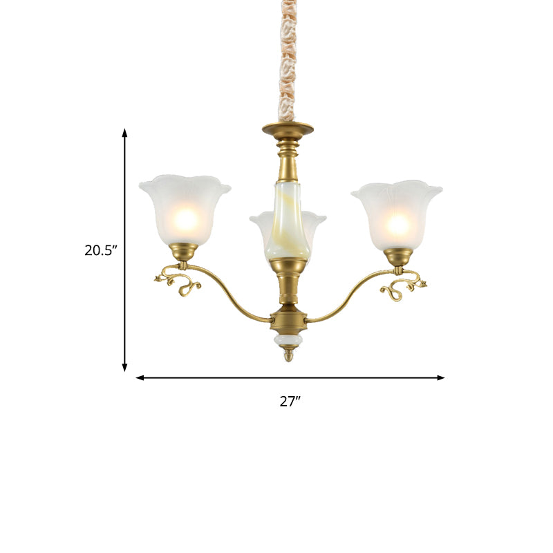 3/6/8 Light Frosted Glass Hanging Chandelier Traditional Brass Scalloped Living Room Pendant Light Fixture Clearhalo 'Ceiling Lights' 'Chandeliers' 'Glass shade' 'Glass' Lighting' 206481