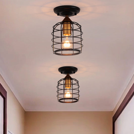 Black One Light Ceiling Mount Industrial Metal Cylinder Semi Flush Light with Cage for Corridor Clearhalo 'Ceiling Lights' 'Close To Ceiling Lights' 'Close to ceiling' 'Semi-flushmount' Lighting' 206483