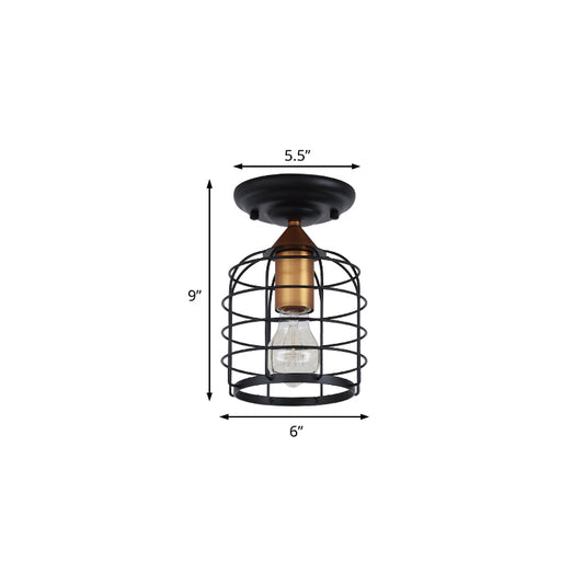 Black One Light Ceiling Mount Industrial Metal Cylinder Semi Flush Light with Cage for Corridor Clearhalo 'Ceiling Lights' 'Close To Ceiling Lights' 'Close to ceiling' 'Semi-flushmount' Lighting' 206485