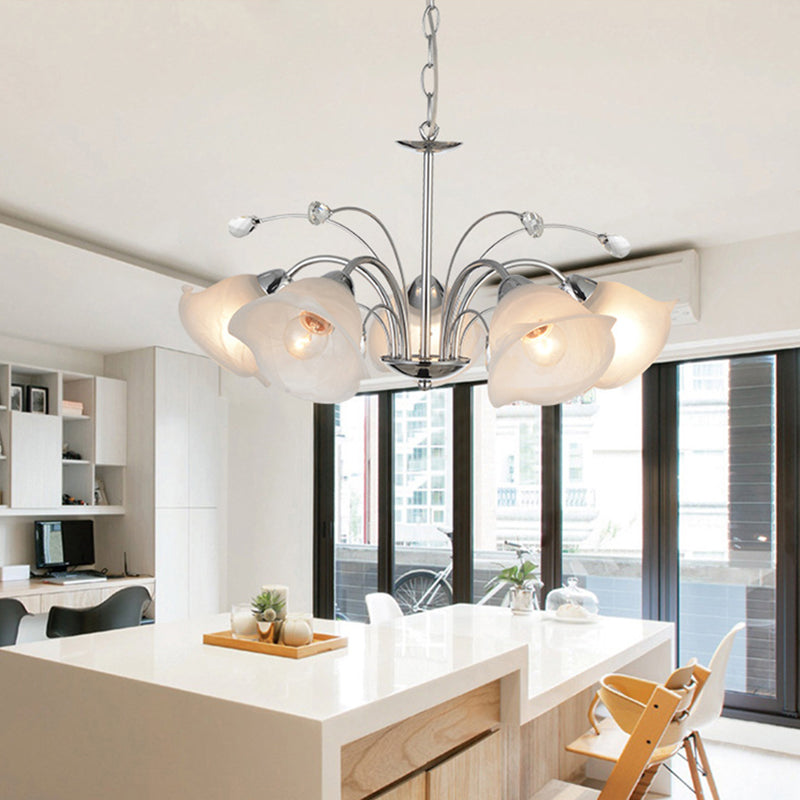 3/5 Lights White Glass Pendant Chandelier Traditional Chrome Flared Kitchen Hanging Ceiling Fixture Clearhalo 'Ceiling Lights' 'Chandeliers' 'Glass shade' 'Glass' Lighting' 206500