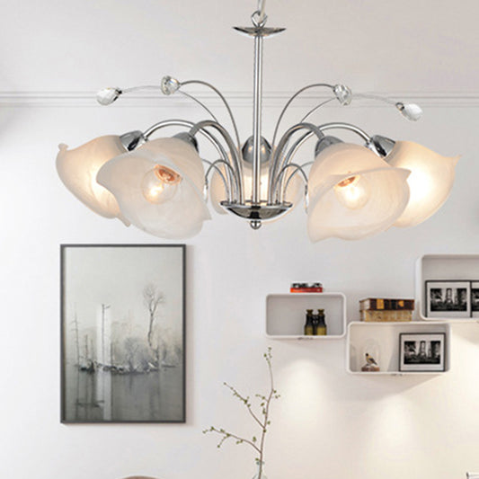 3/5 Lights White Glass Pendant Chandelier Traditional Chrome Flared Kitchen Hanging Ceiling Fixture 5 White Clearhalo 'Ceiling Lights' 'Chandeliers' 'Glass shade' 'Glass' Lighting' 206501