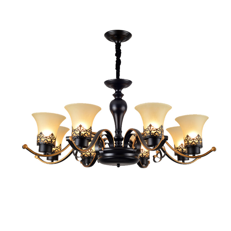 Bell Frosted Glass Chandelier Light Traditional 3/6/8 Light Living Room Pendant Lighting in Black Clearhalo 'Ceiling Lights' 'Chandeliers' 'Glass shade' 'Glass' Lighting' 206518