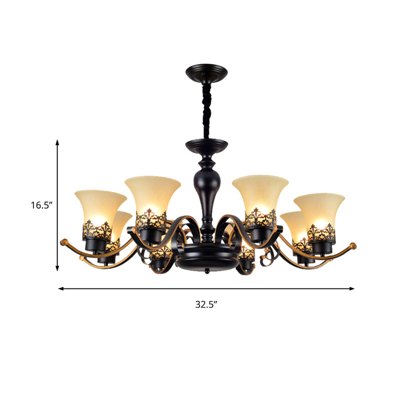 Bell Frosted Glass Chandelier Light Traditional 3/6/8 Light Living Room Pendant Lighting in Black Clearhalo 'Ceiling Lights' 'Chandeliers' 'Glass shade' 'Glass' Lighting' 206519