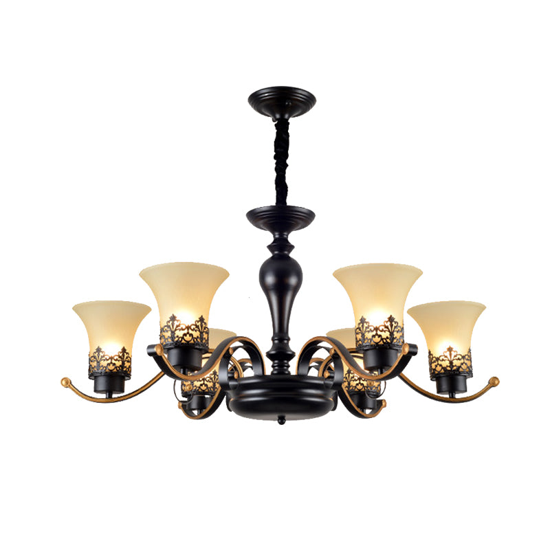 Bell Frosted Glass Chandelier Light Traditional 3/6/8 Light Living Room Pendant Lighting in Black Clearhalo 'Ceiling Lights' 'Chandeliers' 'Glass shade' 'Glass' Lighting' 206522