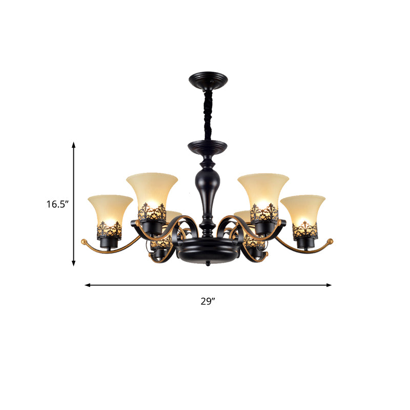 Bell Frosted Glass Chandelier Light Traditional 3/6/8 Light Living Room Pendant Lighting in Black Clearhalo 'Ceiling Lights' 'Chandeliers' 'Glass shade' 'Glass' Lighting' 206523