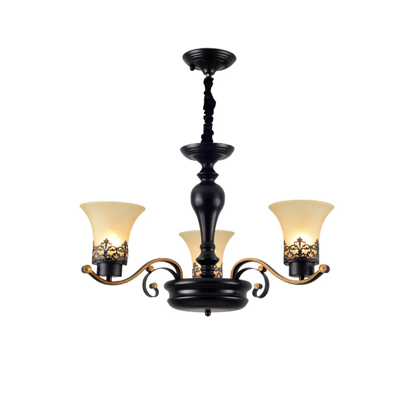Bell Frosted Glass Chandelier Light Traditional 3/6/8 Light Living Room Pendant Lighting in Black Clearhalo 'Ceiling Lights' 'Chandeliers' 'Glass shade' 'Glass' Lighting' 206526
