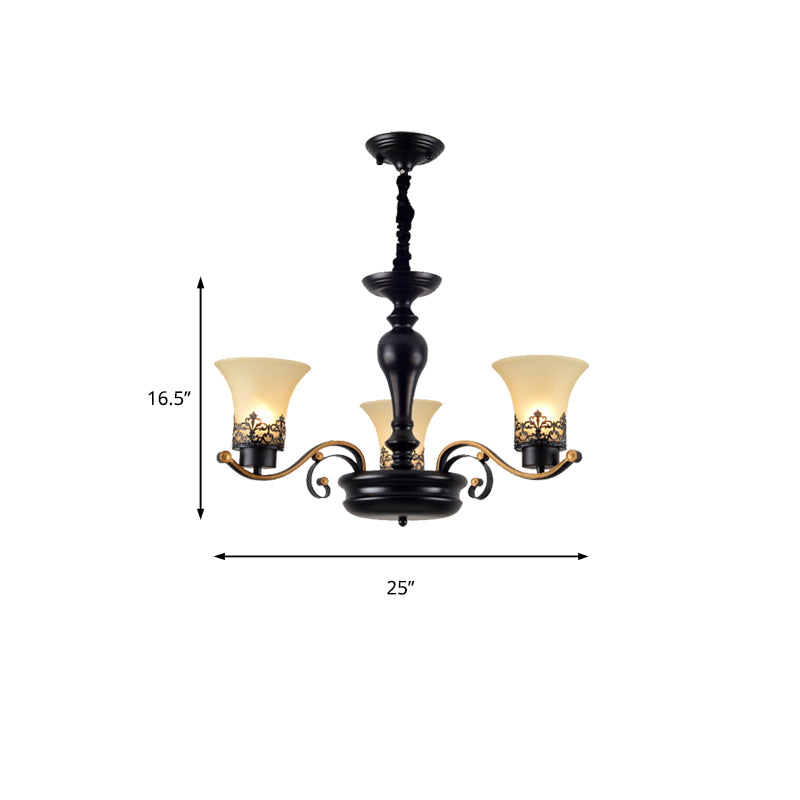 Bell Frosted Glass Chandelier Light Traditional 3/6/8 Light Living Room Pendant Lighting in Black Clearhalo 'Ceiling Lights' 'Chandeliers' 'Glass shade' 'Glass' Lighting' 206527