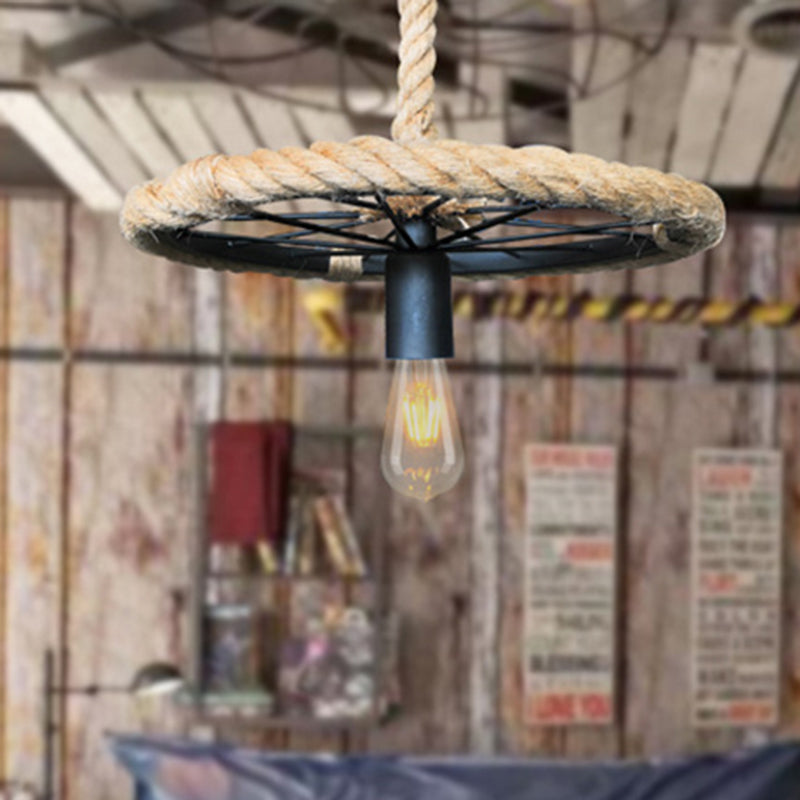 Exposed Bulb Bedroom Hanging Light Kit Industrial Metal and Rope 1 Light Black Pendant Lighting Clearhalo 'Art Deco Pendants' 'Black' 'Cast Iron' 'Ceiling Lights' 'Ceramic' 'Crystal' 'Industrial Pendants' 'Industrial' 'Metal' 'Middle Century Pendants' 'Pendant Lights' 'Pendants' 'Rustic Pendants' 'Tiffany' Lighting' 206533