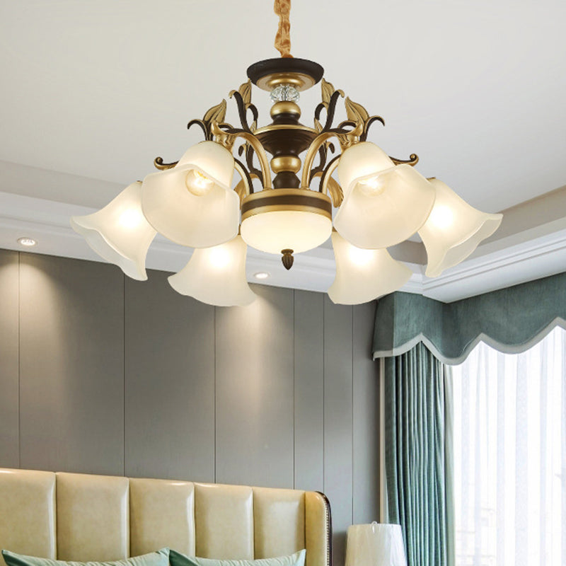 3/6 Lights Ceiling Light Traditional Flared Frosted Glass Hanging Chandelier in Brass Clearhalo 'Ceiling Lights' 'Chandeliers' 'Glass shade' 'Glass' Lighting' 206537