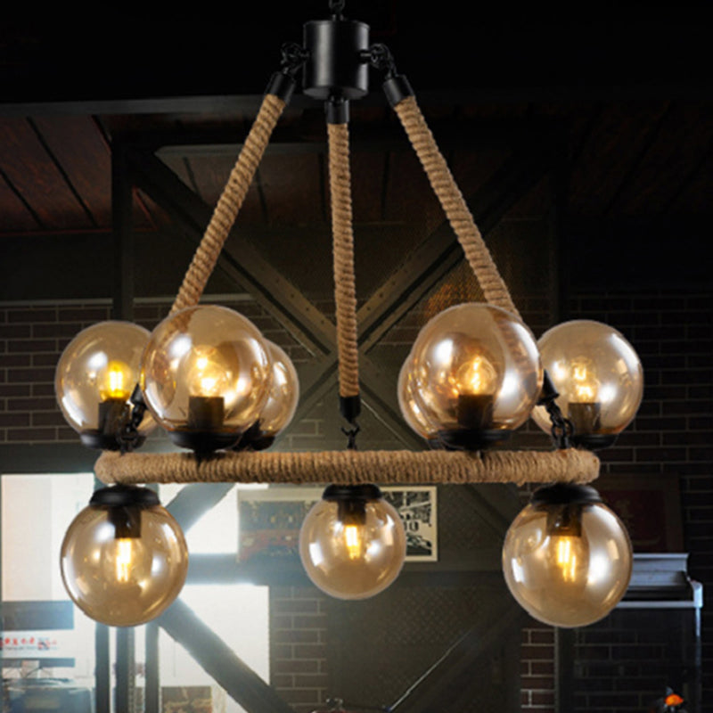 9 Bulbs Ring Chandelier Light Industrial Black Metal Hanging Ceiling Fixture with Gray Glass Globe Shade Black Clearhalo 'Cast Iron' 'Ceiling Lights' 'Chandeliers' 'Industrial Chandeliers' 'Industrial' 'Metal' 'Middle Century Chandeliers' 'Rustic Chandeliers' 'Tiffany' Lighting' 206546