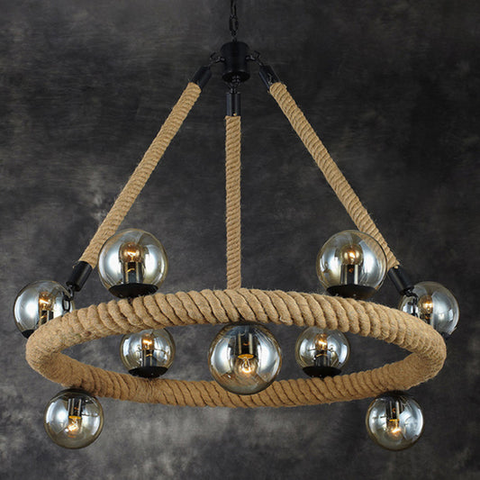 9 Bulbs Ring Chandelier Light Industrial Black Metal Hanging Ceiling Fixture with Gray Glass Globe Shade Clearhalo 'Cast Iron' 'Ceiling Lights' 'Chandeliers' 'Industrial Chandeliers' 'Industrial' 'Metal' 'Middle Century Chandeliers' 'Rustic Chandeliers' 'Tiffany' Lighting' 206547