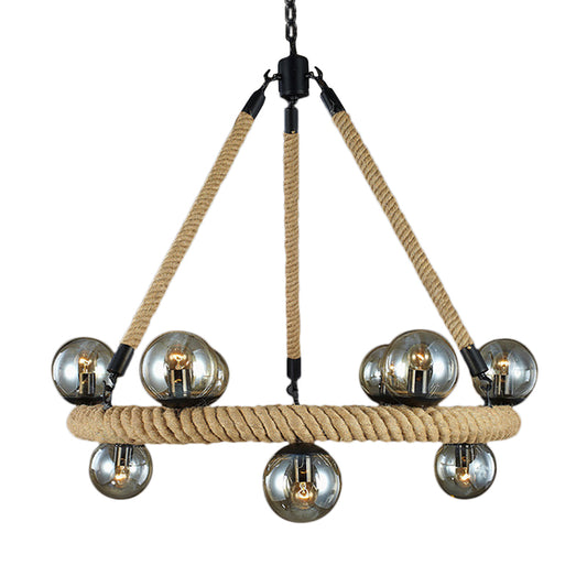 9 Bulbs Ring Chandelier Light Industrial Black Metal Hanging Ceiling Fixture with Gray Glass Globe Shade Clearhalo 'Cast Iron' 'Ceiling Lights' 'Chandeliers' 'Industrial Chandeliers' 'Industrial' 'Metal' 'Middle Century Chandeliers' 'Rustic Chandeliers' 'Tiffany' Lighting' 206548