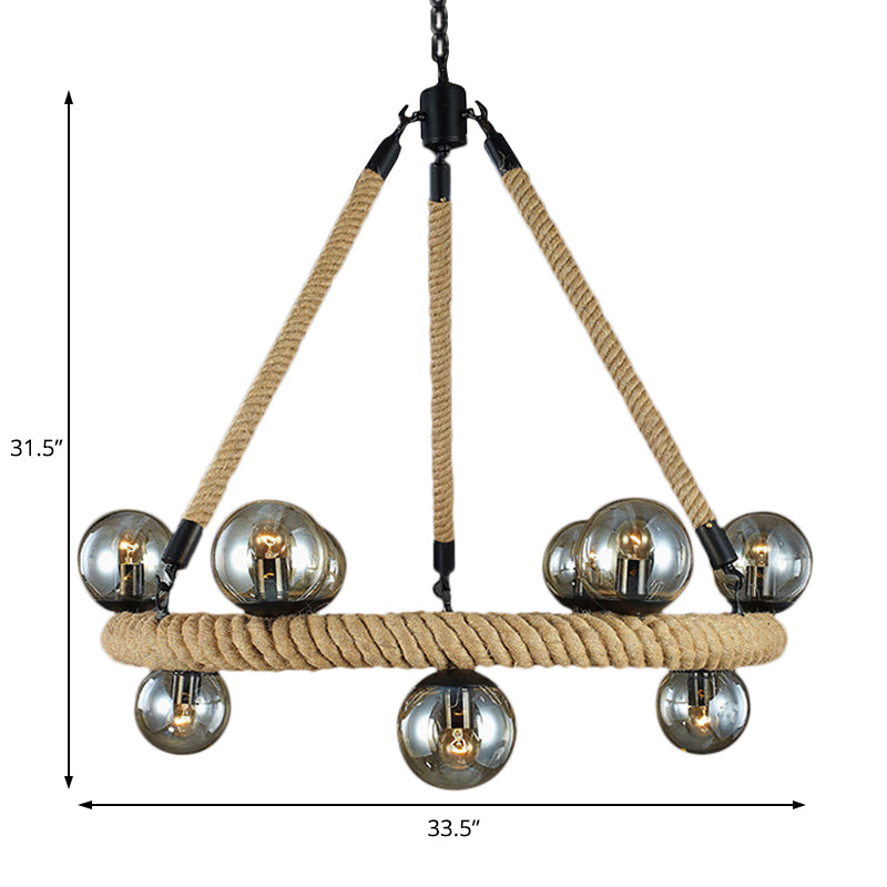 9 Bulbs Ring Chandelier Light Industrial Black Metal Hanging Ceiling Fixture with Gray Glass Globe Shade Clearhalo 'Cast Iron' 'Ceiling Lights' 'Chandeliers' 'Industrial Chandeliers' 'Industrial' 'Metal' 'Middle Century Chandeliers' 'Rustic Chandeliers' 'Tiffany' Lighting' 206549