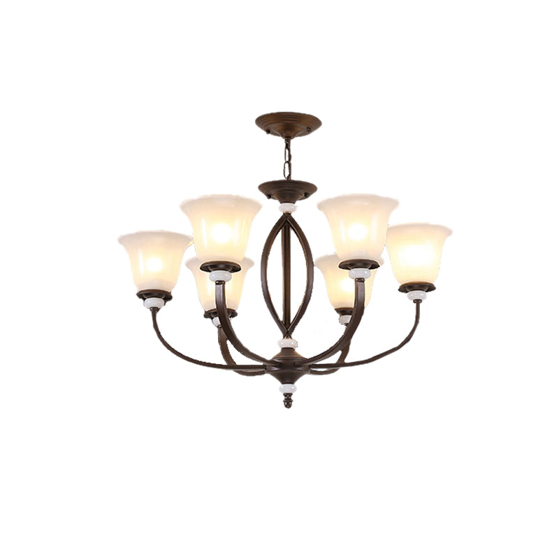 3/6/8 Lights Pendant Light Traditional Bell Frosted Glass Hanging Chandelier in Dark Coffee Clearhalo 'Ceiling Lights' 'Chandeliers' 'Glass shade' 'Glass' Lighting' 206553