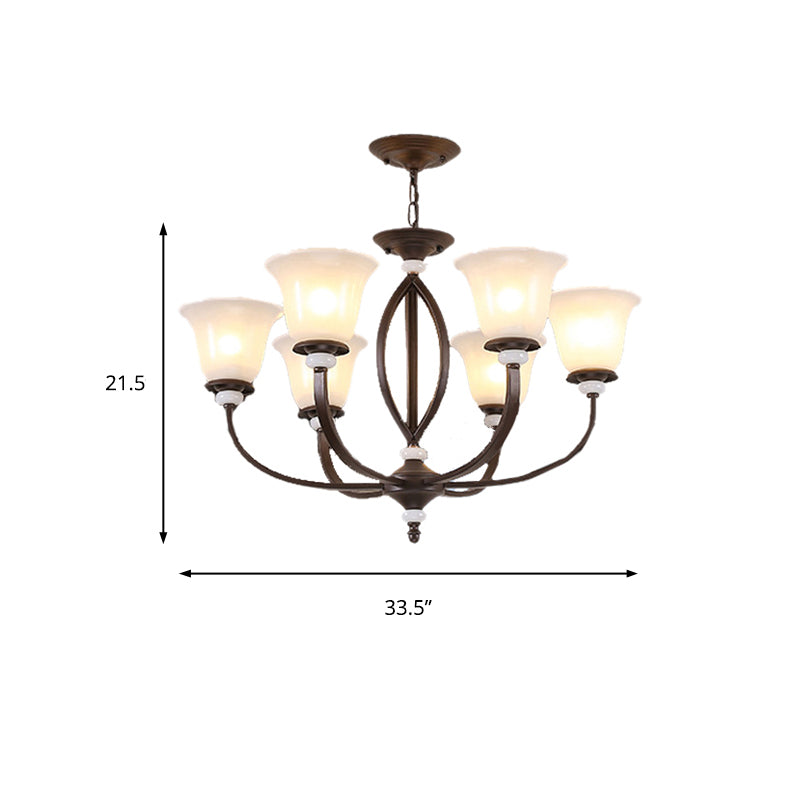3/6/8 Lights Pendant Light Traditional Bell Frosted Glass Hanging Chandelier in Dark Coffee Clearhalo 'Ceiling Lights' 'Chandeliers' 'Glass shade' 'Glass' Lighting' 206554