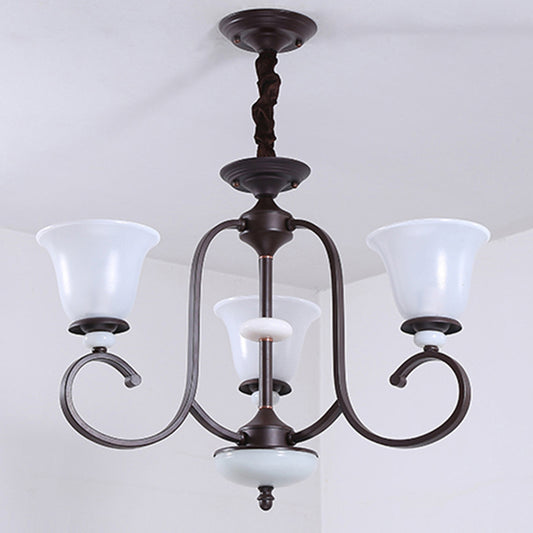 3/6/8 Lights Pendant Light Traditional Bell Frosted Glass Hanging Chandelier in Dark Coffee 3 Dark Coffee Clearhalo 'Ceiling Lights' 'Chandeliers' 'Glass shade' 'Glass' Lighting' 206557