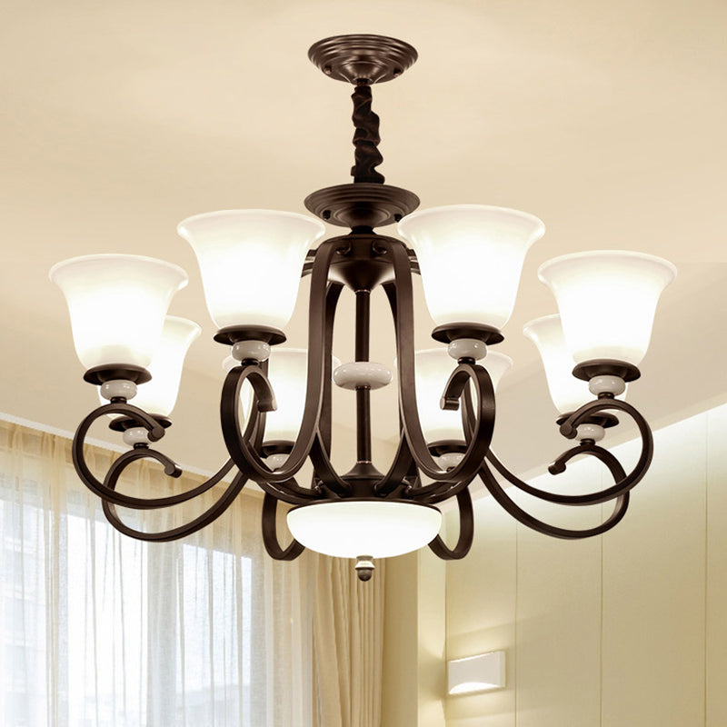 3/6/8 Lights Pendant Light Traditional Bell Frosted Glass Hanging Chandelier in Dark Coffee 8 Dark Coffee Clearhalo 'Ceiling Lights' 'Chandeliers' 'Glass shade' 'Glass' Lighting' 206560