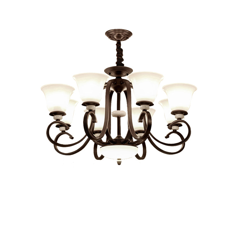 3/6/8 Lights Pendant Light Traditional Bell Frosted Glass Hanging Chandelier in Dark Coffee Clearhalo 'Ceiling Lights' 'Chandeliers' 'Glass shade' 'Glass' Lighting' 206561