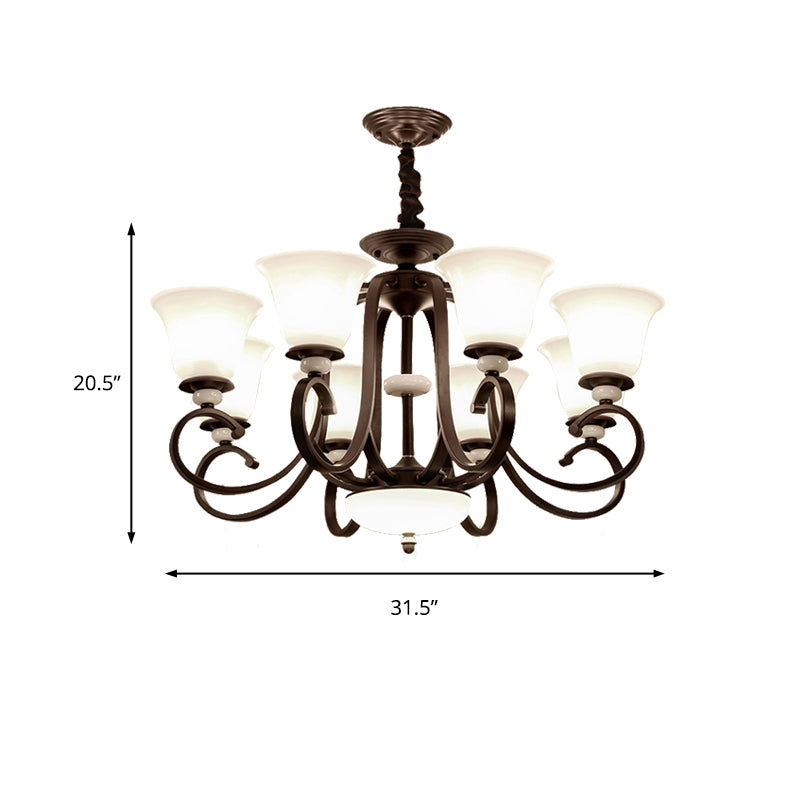 3/6/8 Lights Pendant Light Traditional Bell Frosted Glass Hanging Chandelier in Dark Coffee Clearhalo 'Ceiling Lights' 'Chandeliers' 'Glass shade' 'Glass' Lighting' 206562