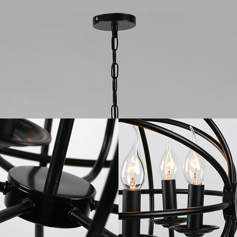 6-Light Metal Hanging Chandelier Industrial Black Candle Dining Room Pendant Light Fixture with Globe Design Clearhalo 'Cast Iron' 'Ceiling Lights' 'Chandeliers' 'Industrial Chandeliers' 'Industrial' 'Metal' 'Middle Century Chandeliers' 'Rustic Chandeliers' 'Tiffany' Lighting' 206572