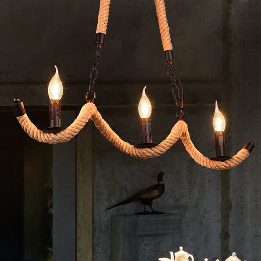3-Light Candle Island Lamp Vintage Black Rope Pendant Light Fixture for Dining Room Black Clearhalo 'Ceiling Lights' 'Island Lights' Lighting' 206577