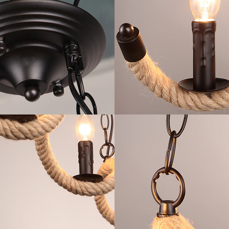 3-Light Candle Island Lamp Vintage Black Rope Pendant Light Fixture for Dining Room Clearhalo 'Ceiling Lights' 'Island Lights' Lighting' 206581