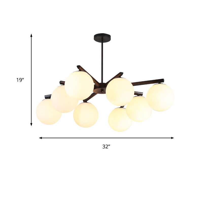 White Glass Globe Hanging Chandelier Traditional 3/6/8 Light Living Room Pendant Light in Black with Sunburst Design Clearhalo 'Ceiling Lights' 'Chandeliers' 'Close To Ceiling Lights' 'Glass shade' 'Glass' Lighting' 206620
